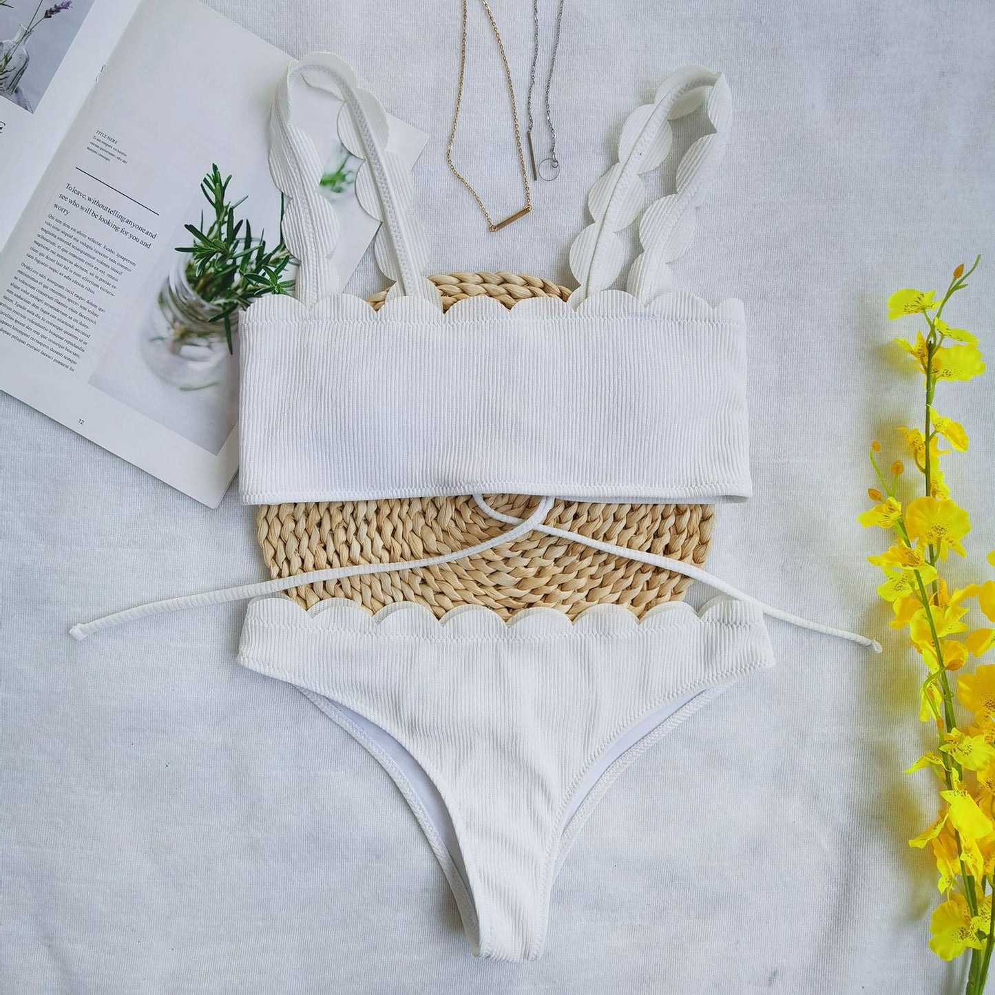Scalloped Two Piece Solid Swimsuit