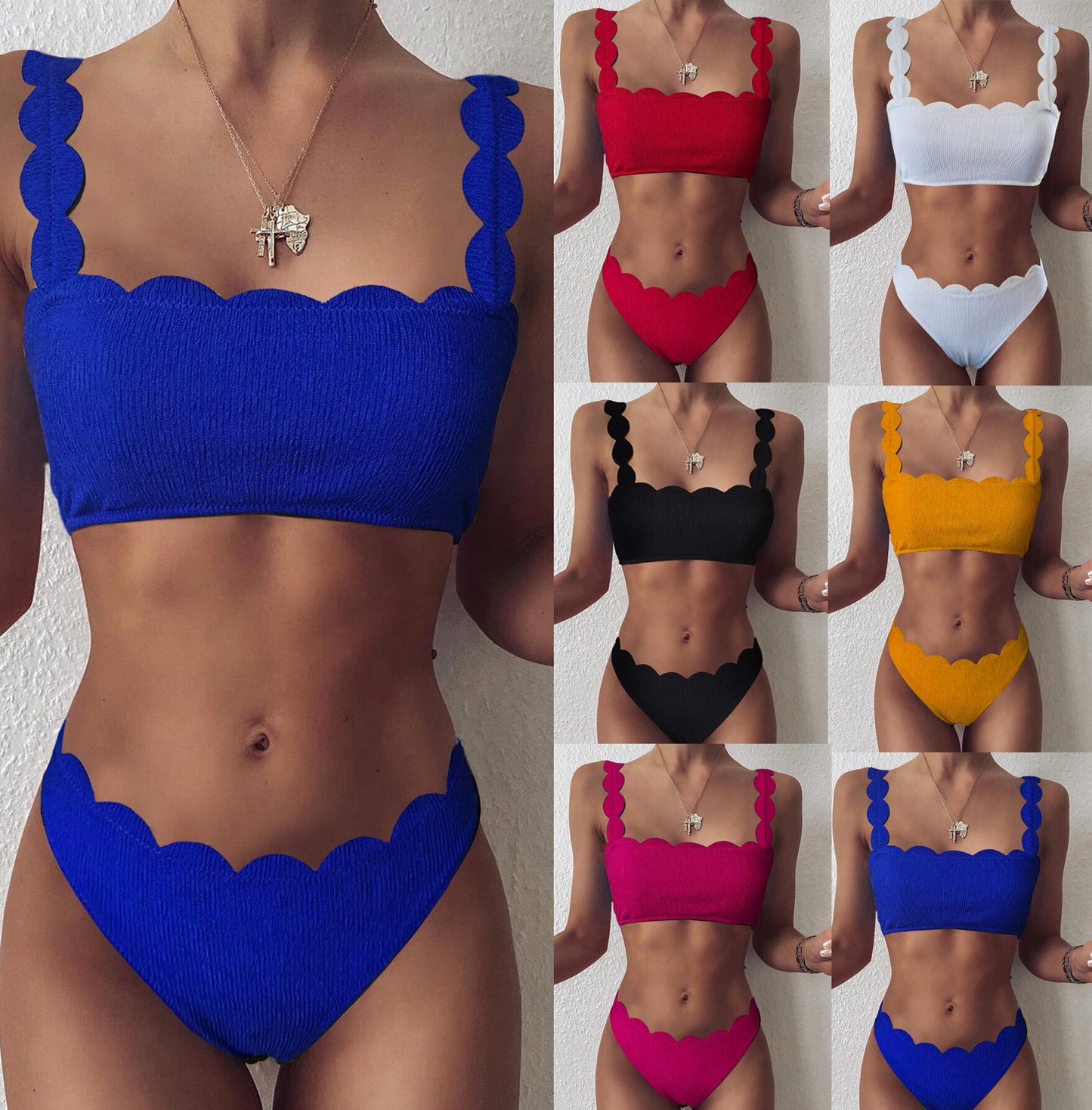 Scalloped Two Piece Solid Swimsuit