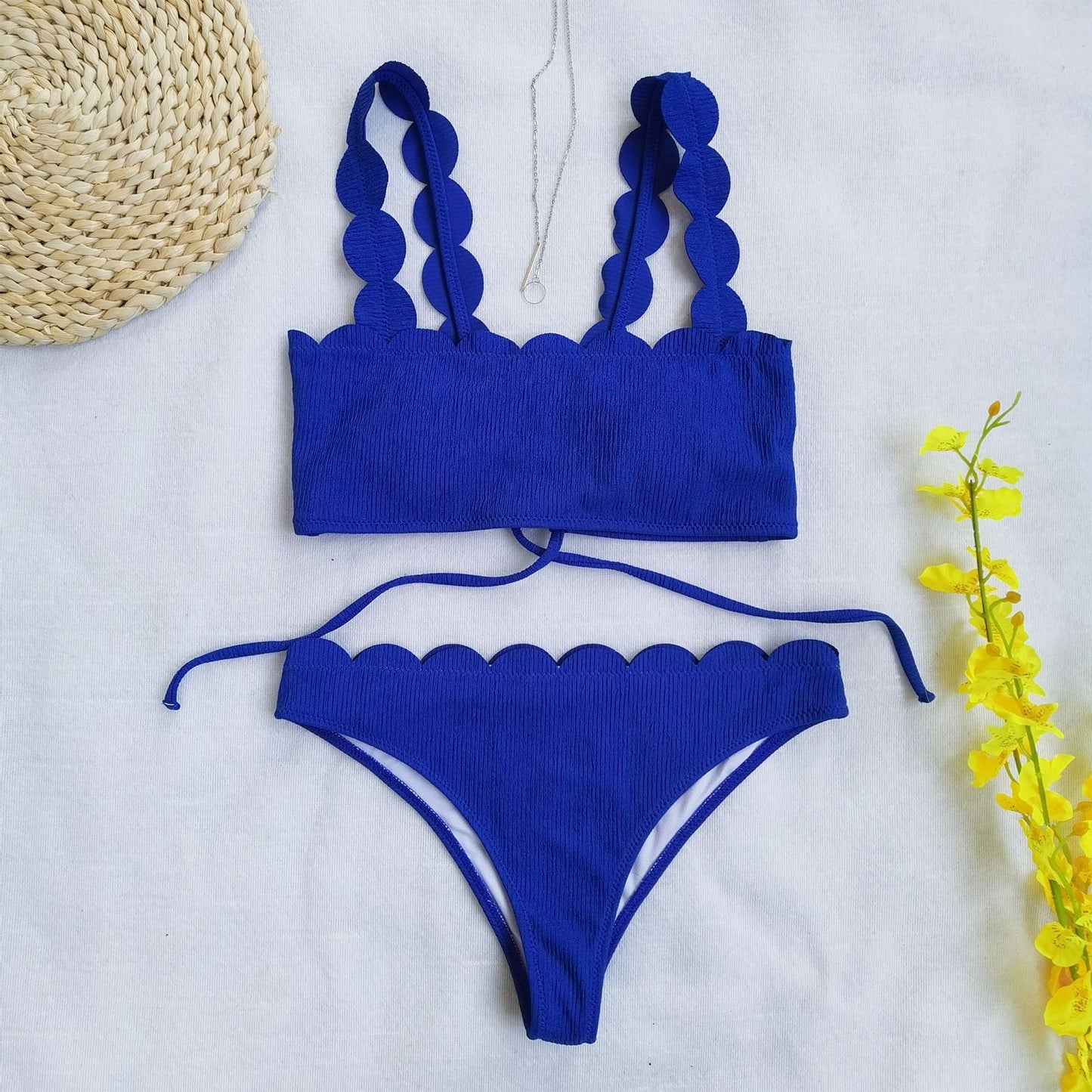 Scalloped Two Piece Solid Swimsuit