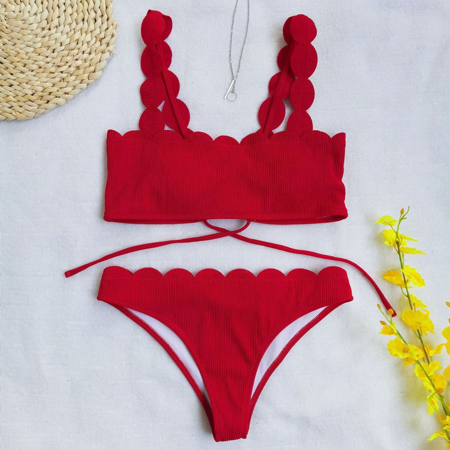 Scalloped Two Piece Solid Swimsuit
