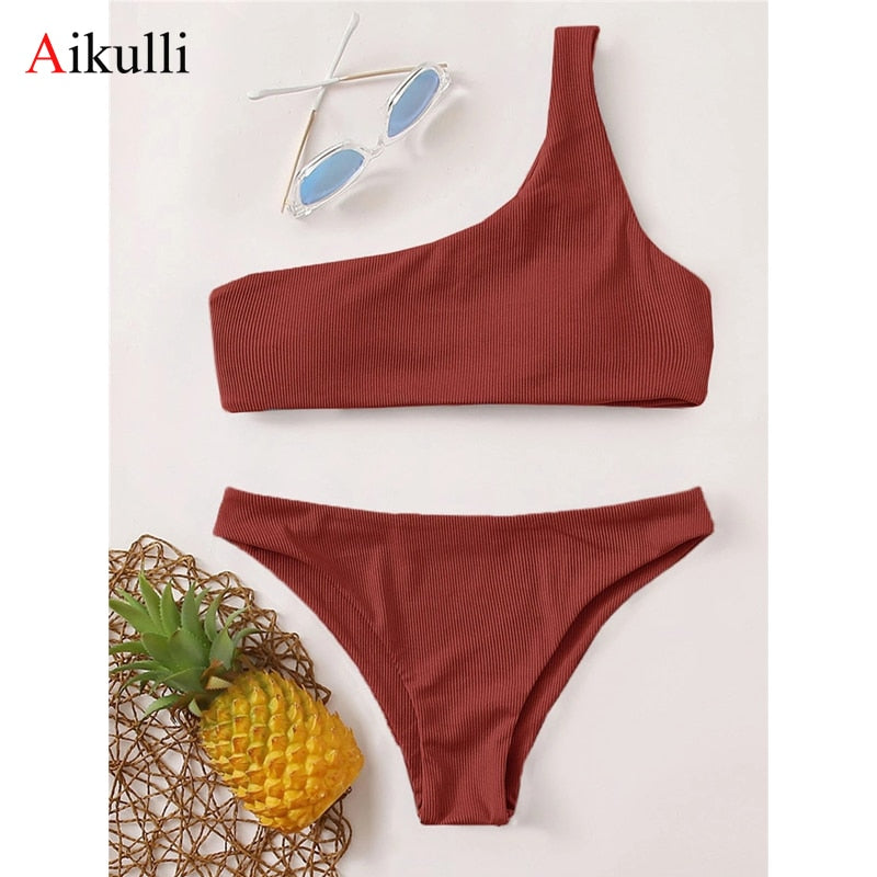 Ribbed One Shoulder Bikinis