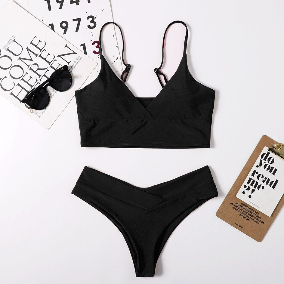 High Waist Solid Color Tankini