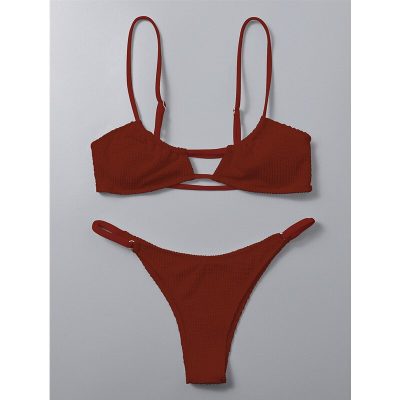 Ribbed Solid Thong Bikini
