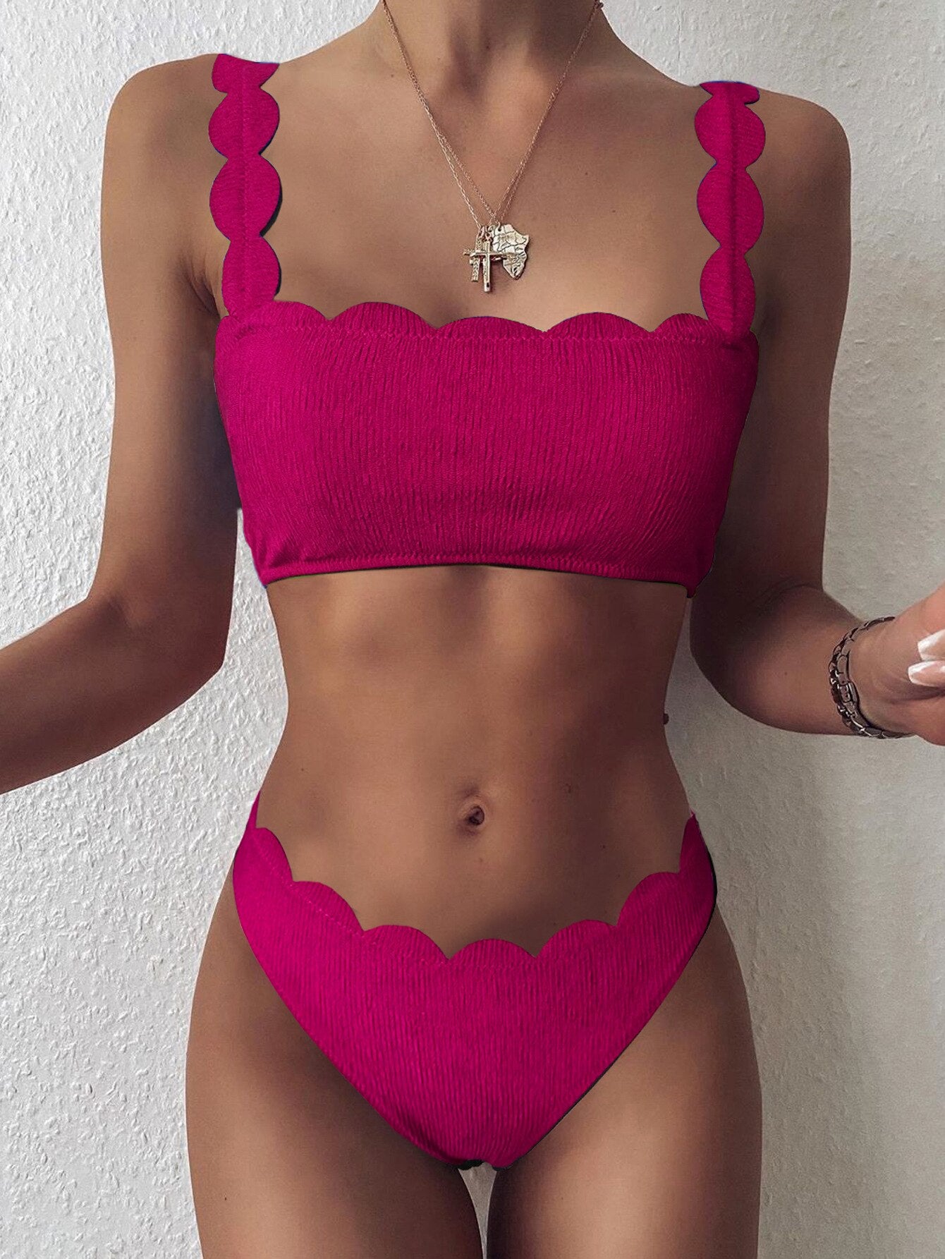 Scalloped Two Piece Solid Swimsuit