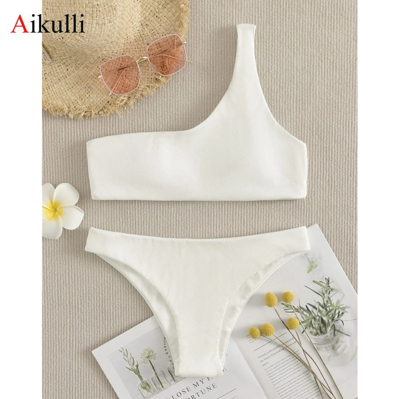 Ribbed One Shoulder Bikinis