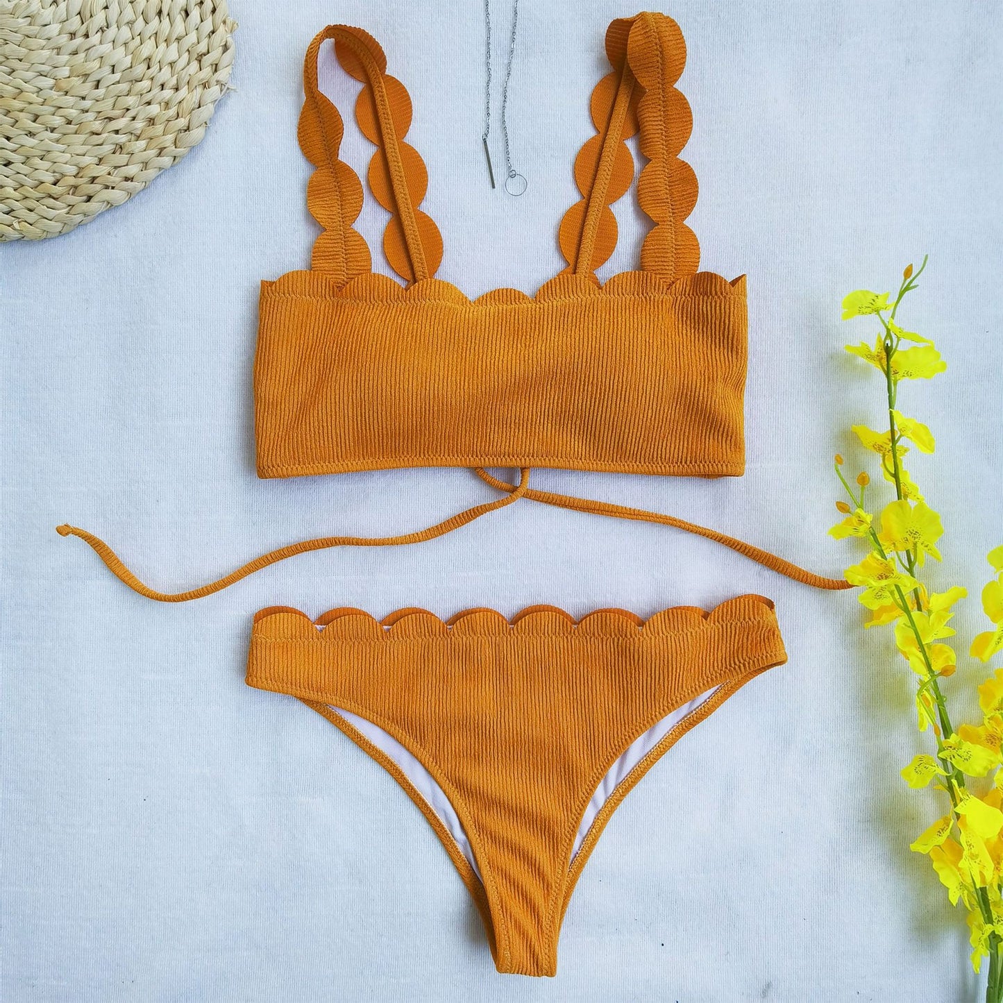 Scalloped Two Piece Solid Swimsuit