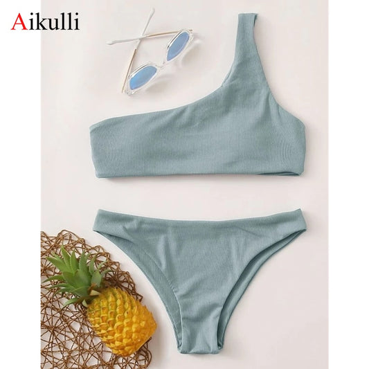 Ribbed One Shoulder Bikinis