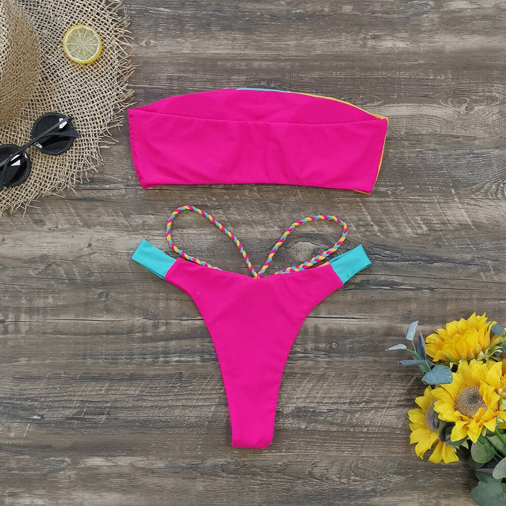 Bandeau Bikini Set Two Piece Colorblock High Leg Split Swimsuit