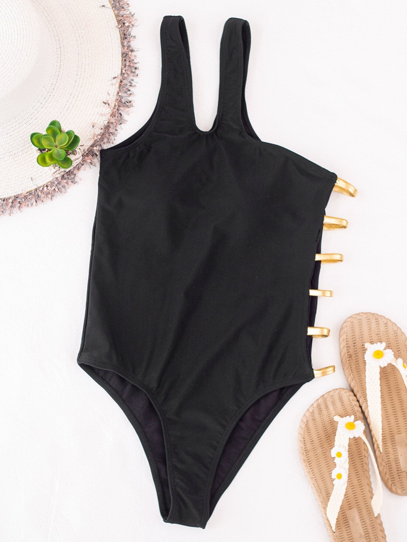 One Shoulder Gold Strapped Swimsuit