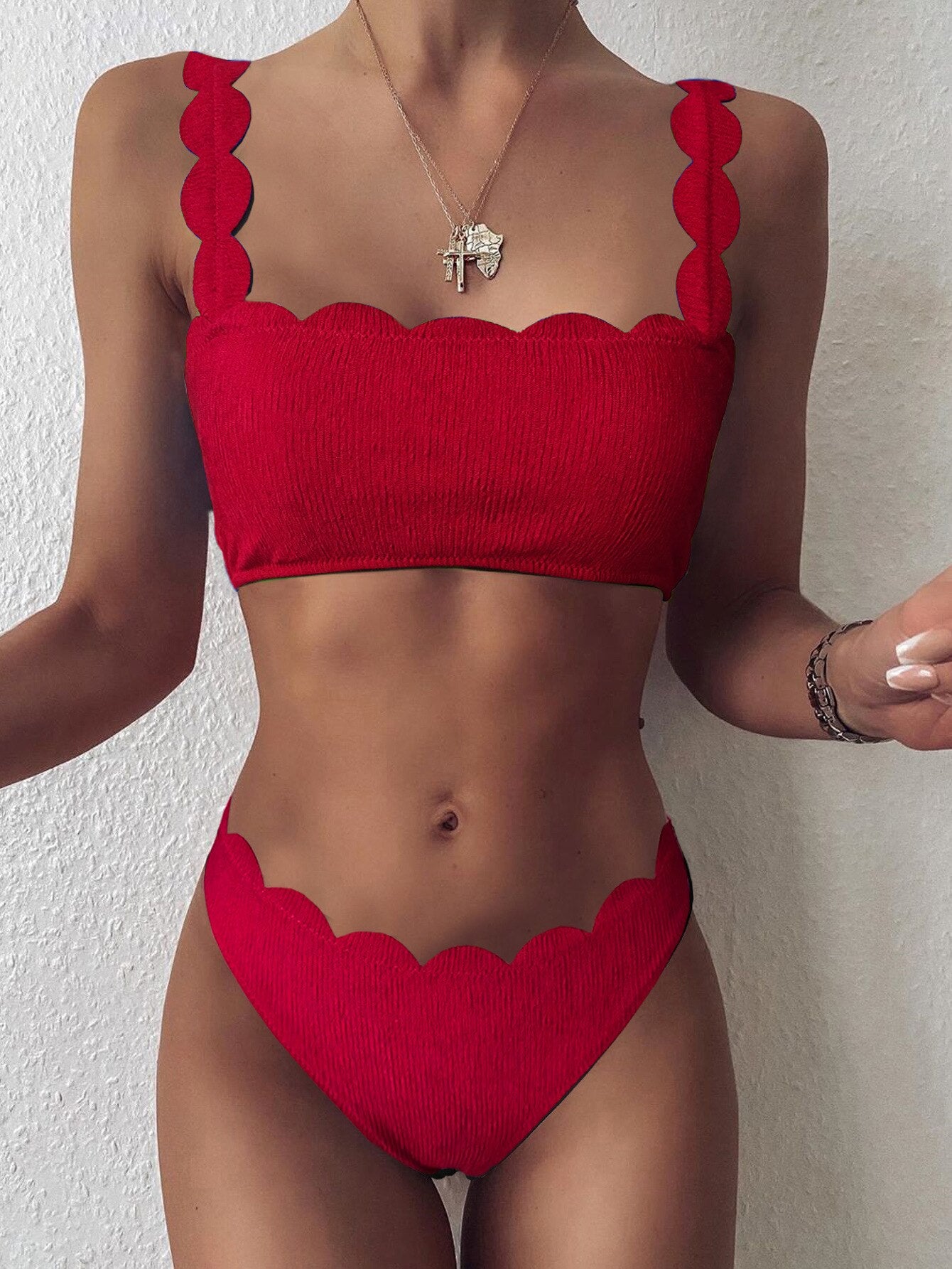 Scalloped Two Piece Solid Swimsuit