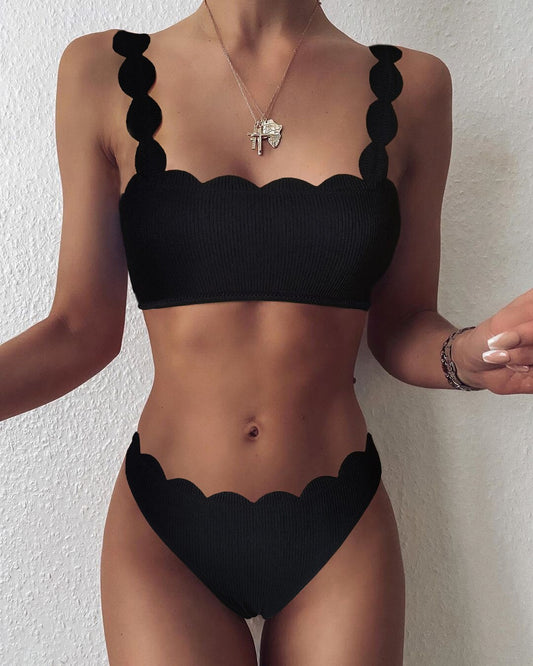 Scalloped Two Piece Solid Swimsuit