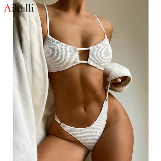 Ribbed Solid Thong Bikini