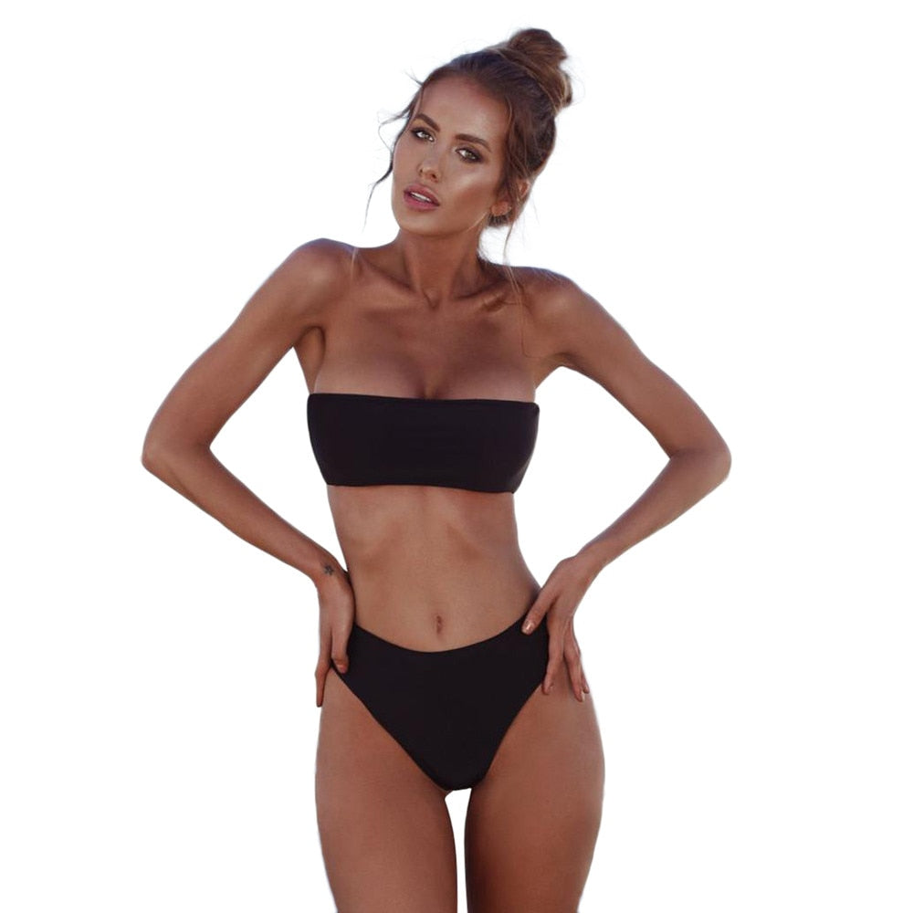 Solid Color Bandeau Bandage Bikini Set