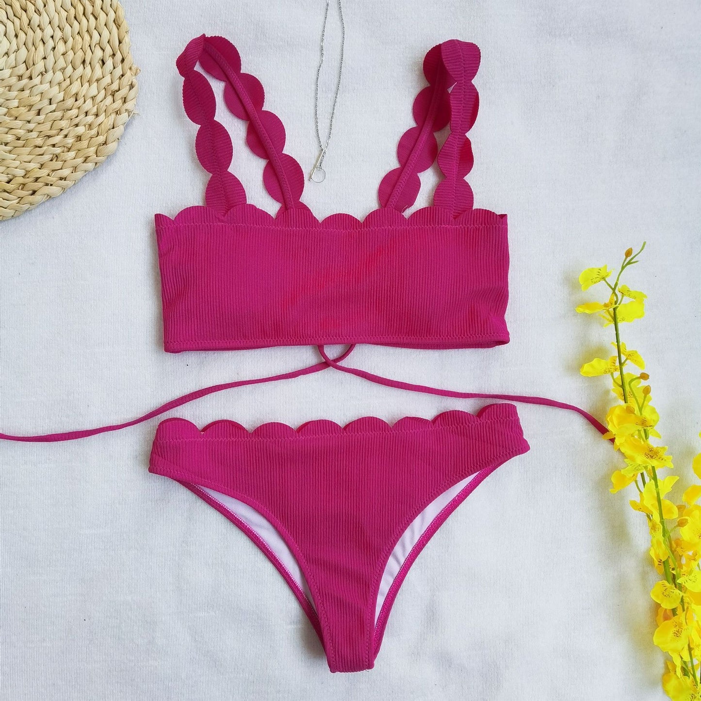 Scalloped Two Piece Solid Swimsuit