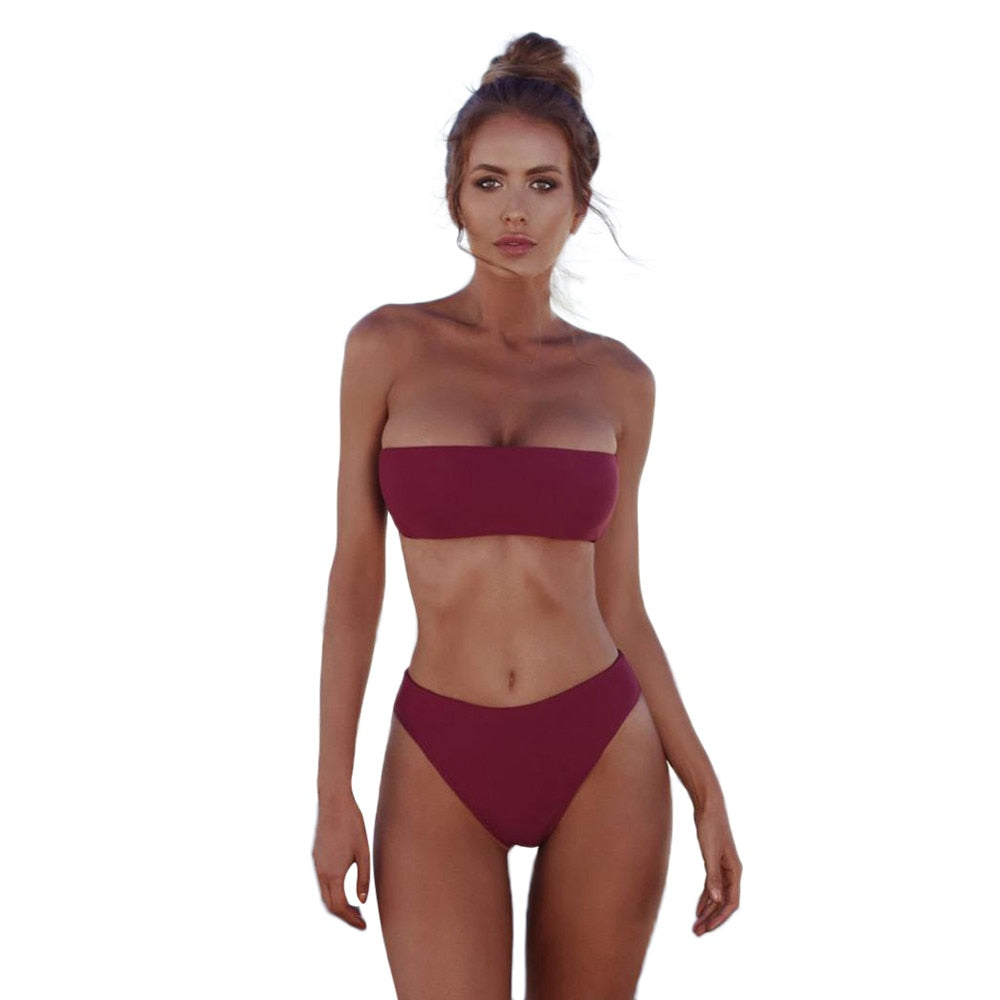 Solid Color Bandeau Bandage Bikini Set