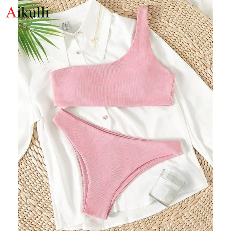 Ribbed One Shoulder Bikinis
