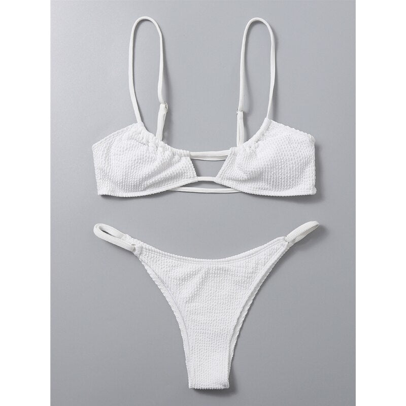 Ribbed Solid Thong Bikini