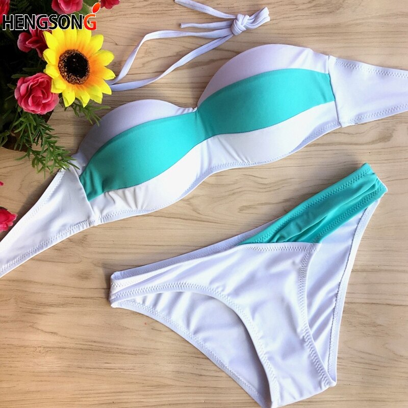 Blue & White Striped Strapless Swimsuit