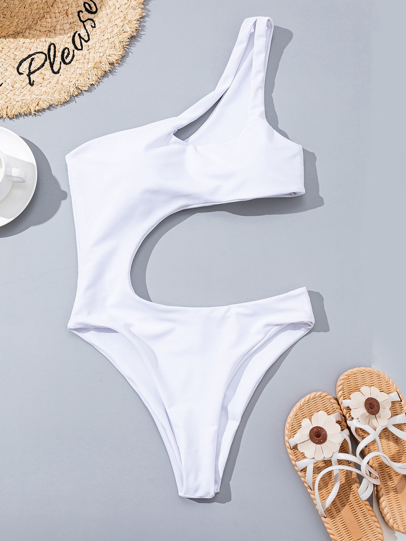 White Designer One Shoulder Thong Swimsuit