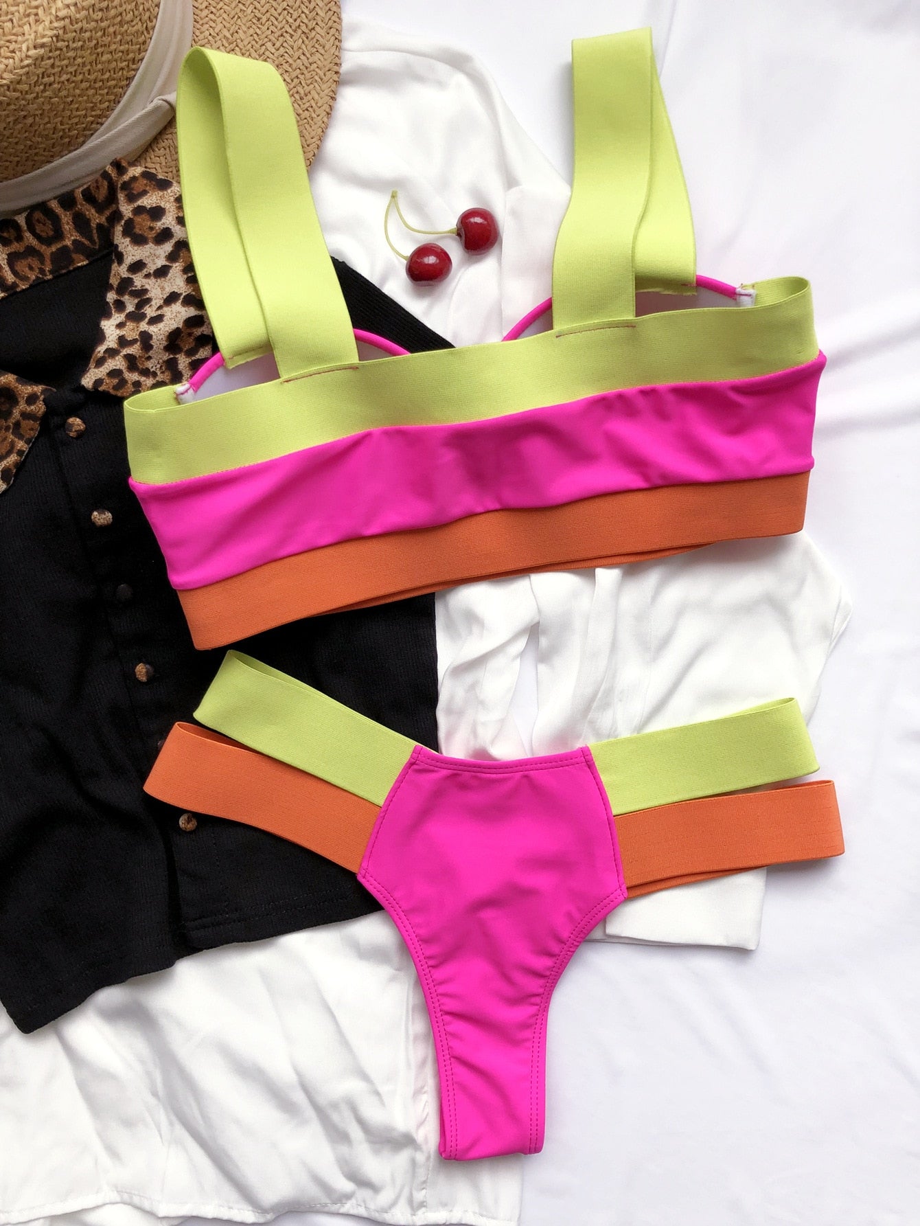 Ellolace Neon Patchwork Push Up Bikinis