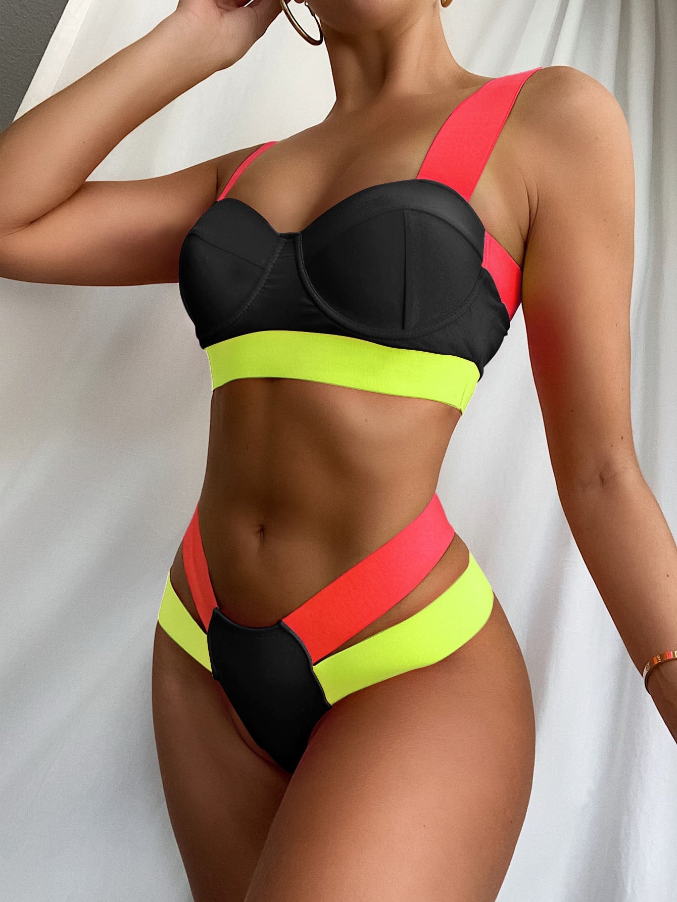 Ellolace Neon Patchwork Push Up Bikinis