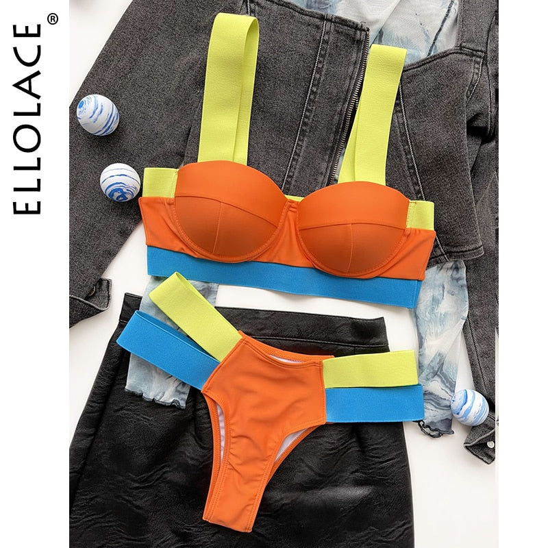 Ellolace Neon Patchwork Push Up Bikinis