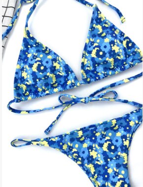 New Blue Floral Printed Halter Bikini