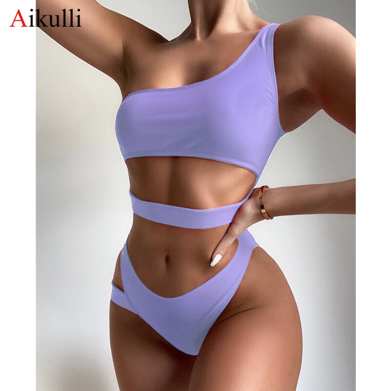 One Shoulder One-Piece Swimsuit Solid Color