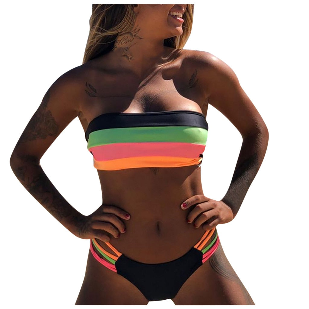 Bandeau Colored Stripes Bikini Push Up Padded Swimsuit Beachwear