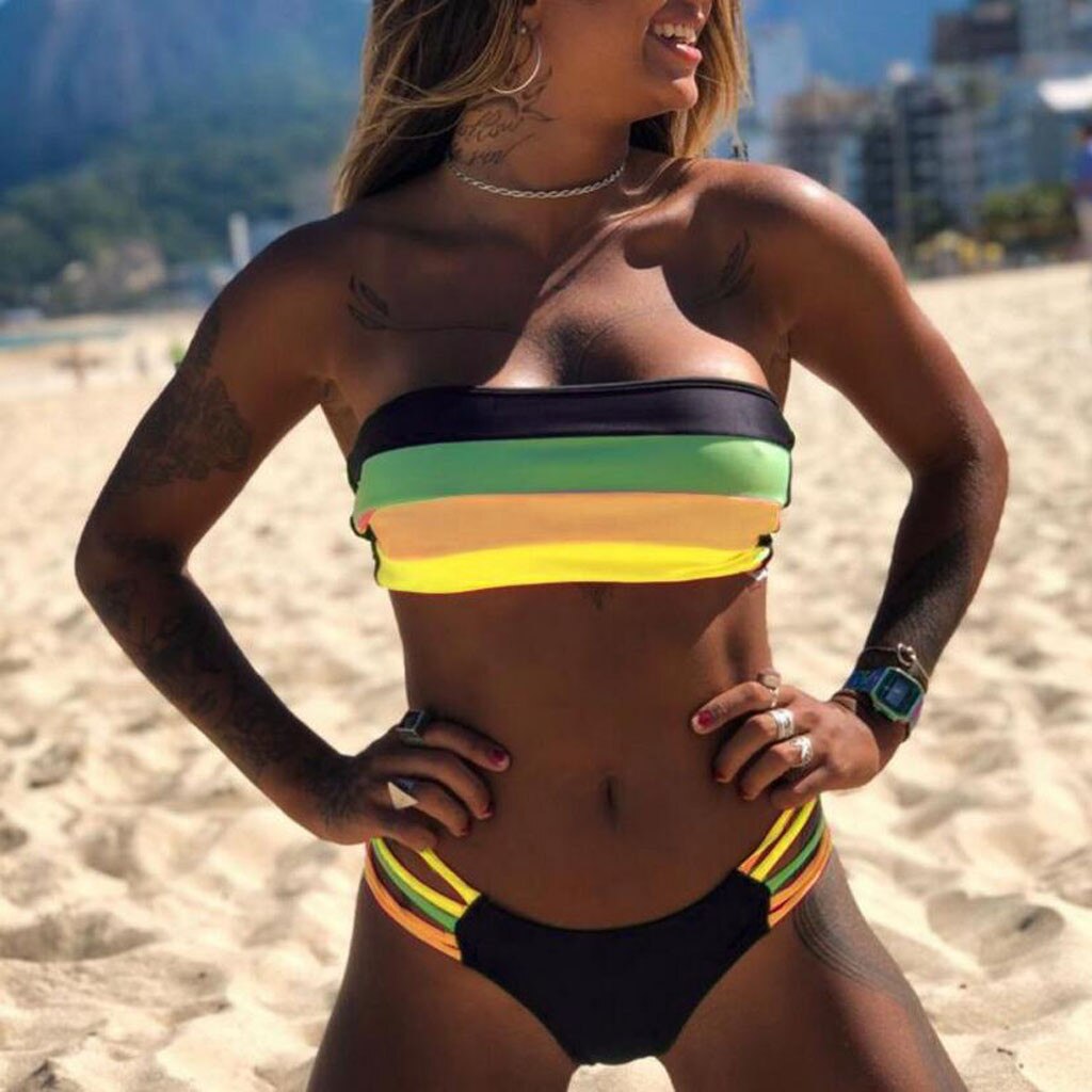 Bandeau Colored Stripes Bikini Push Up Padded Swimsuit Beachwear