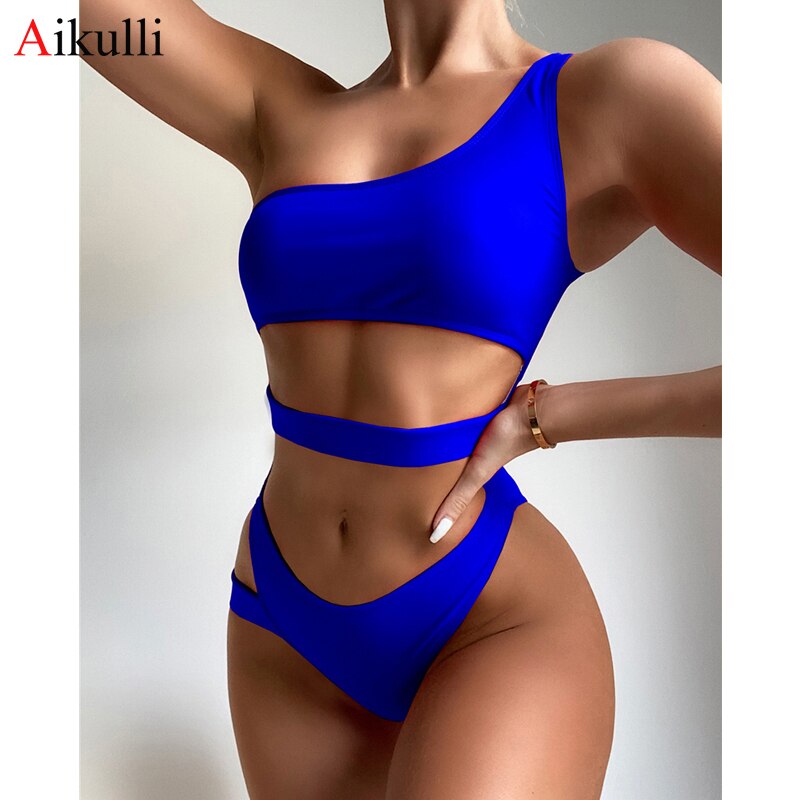 One Shoulder One-Piece Swimsuit Solid Color