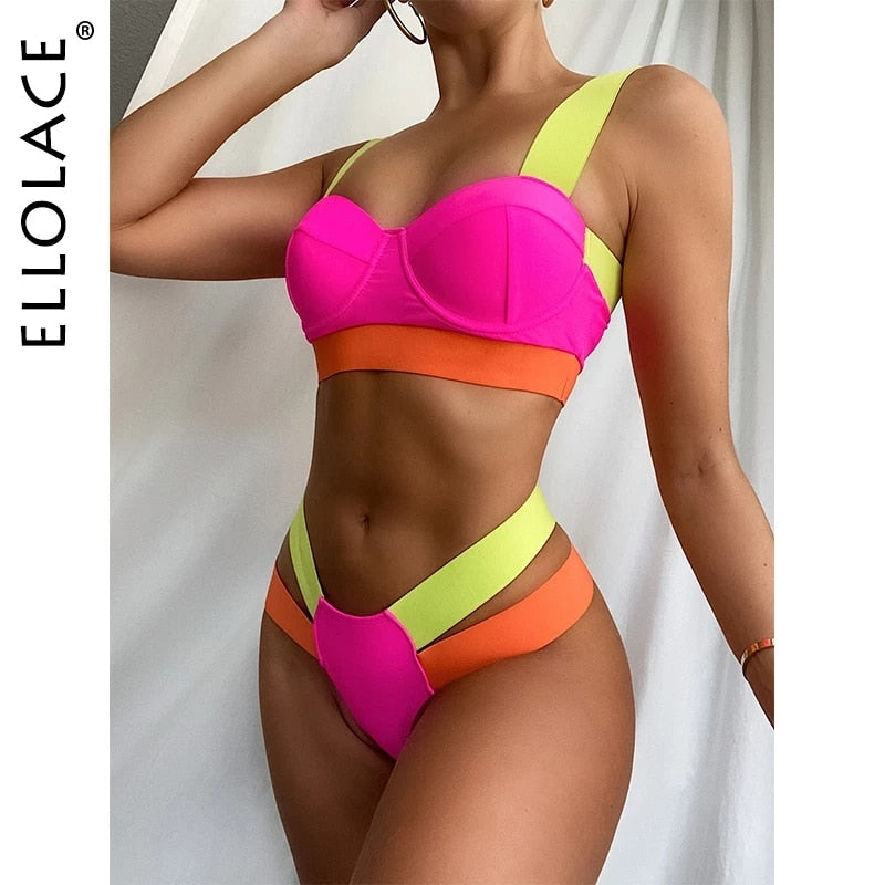 Ellolace Neon Patchwork Push Up Bikinis