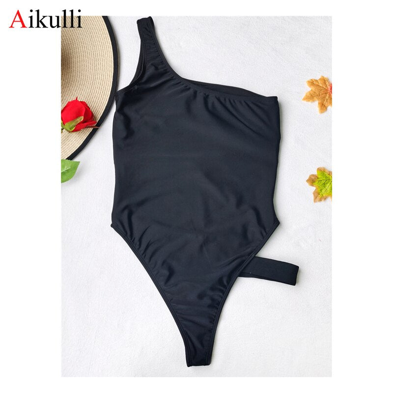 One Shoulder One-Piece Swimsuit Solid Color