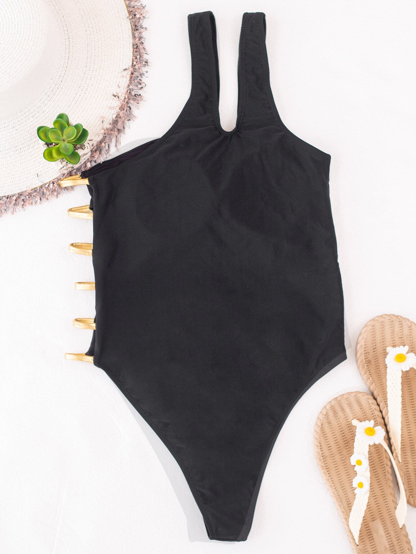 One Shoulder Gold Strapped Swimsuit