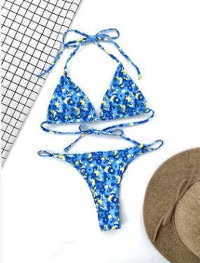 New Blue Floral Printed Halter Bikini