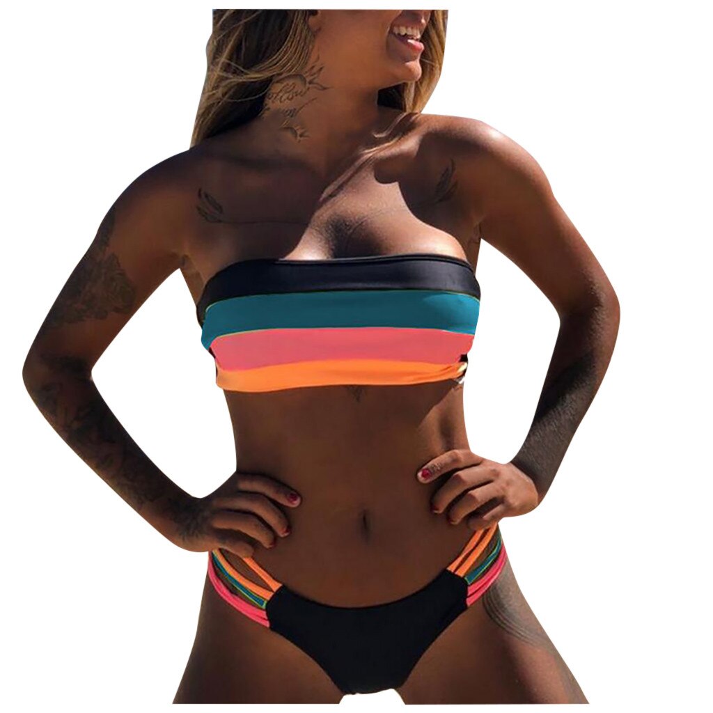 Bandeau Colored Stripes Bikini Push Up Padded Swimsuit Beachwear