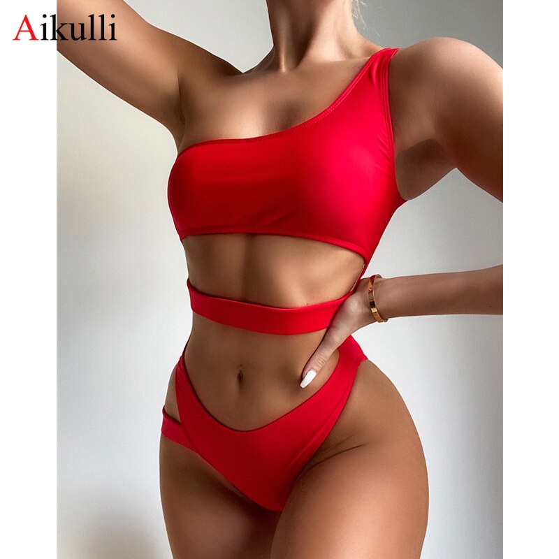 One Shoulder One-Piece Swimsuit Solid Color