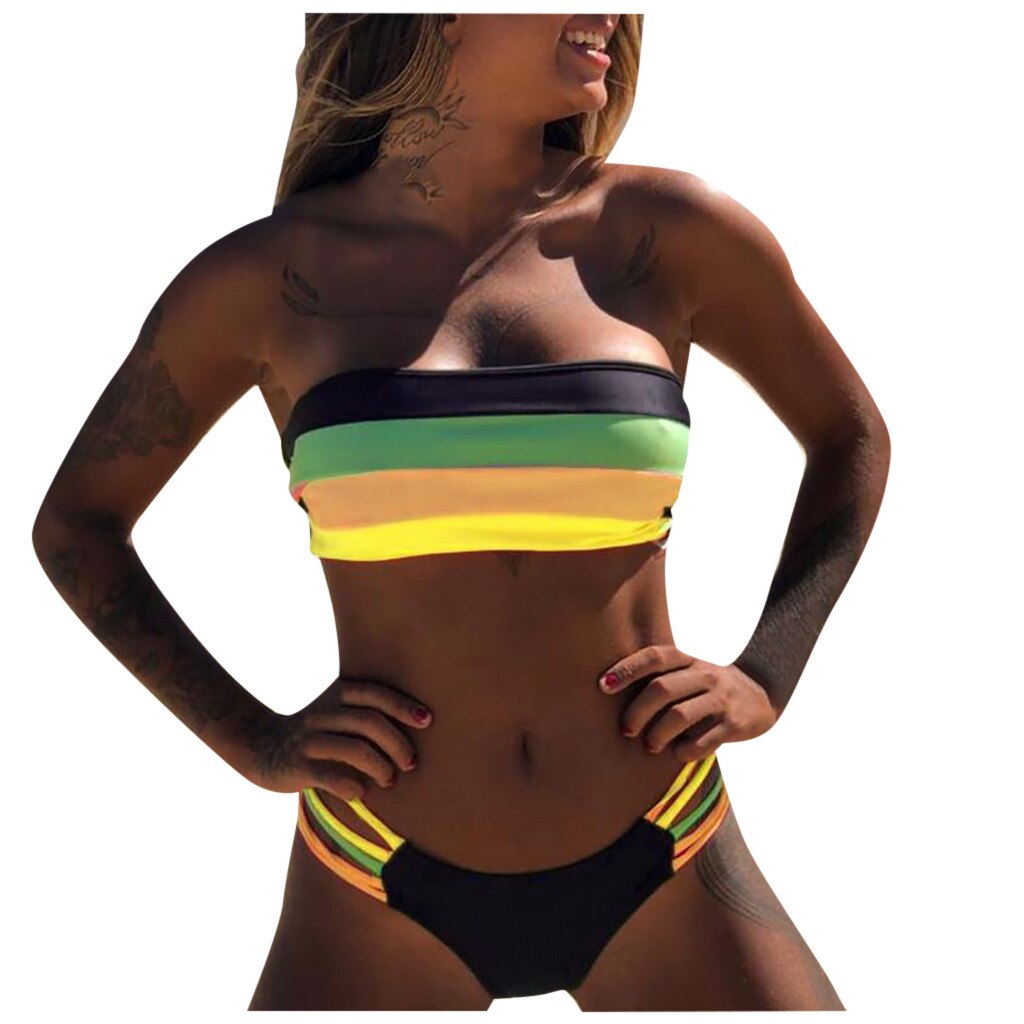 Bandeau Colored Stripes Bikini Push Up Padded Swimsuit Beachwear