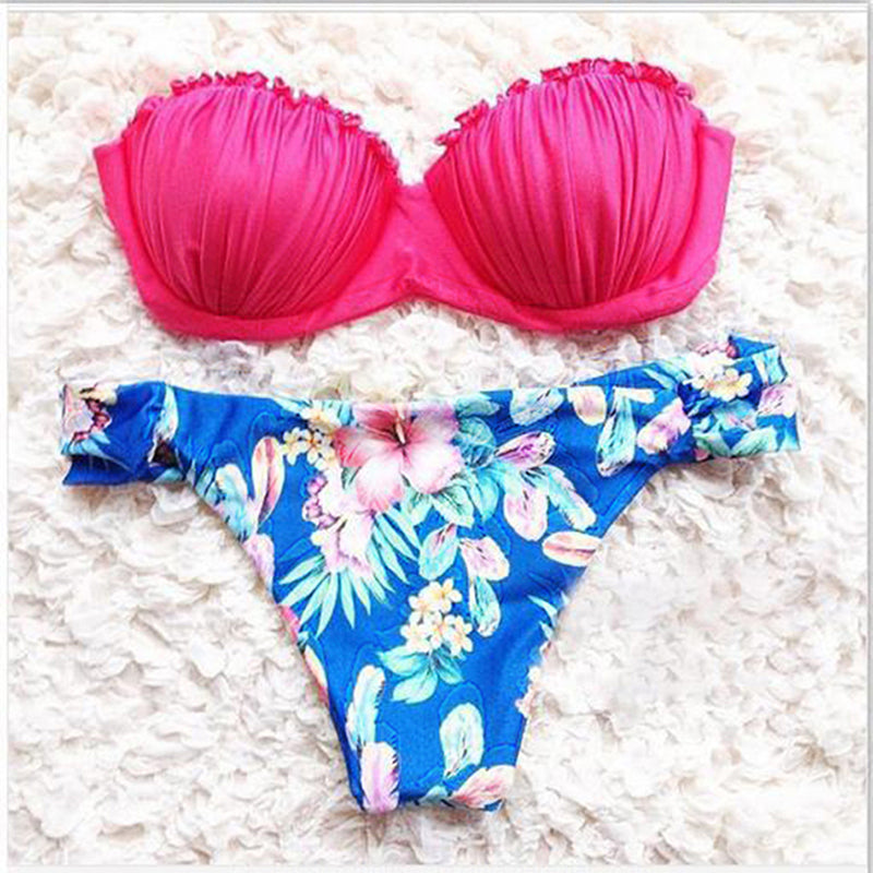 Frilled Textured Strapless Bikini Set