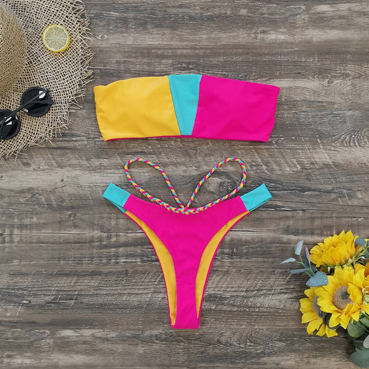 Bandeau Bikini Set Two Piece Colorblock High Leg Split Swimsuit