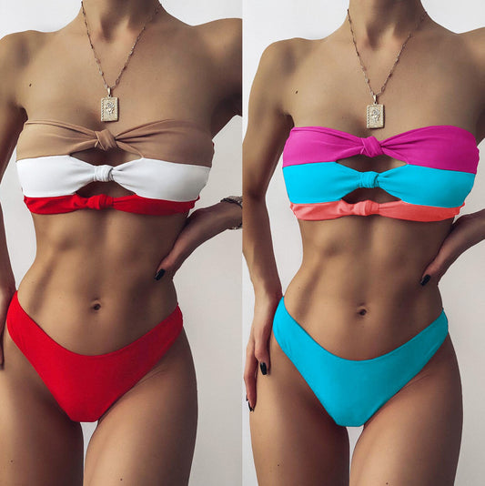 Colorblock Knotted Bikini Set