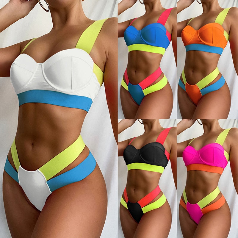 Ellolace Neon Patchwork Push Up Bikinis